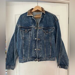 GAP 1990s Denim Trucker Jacket with Leather Collar and Horse Painting